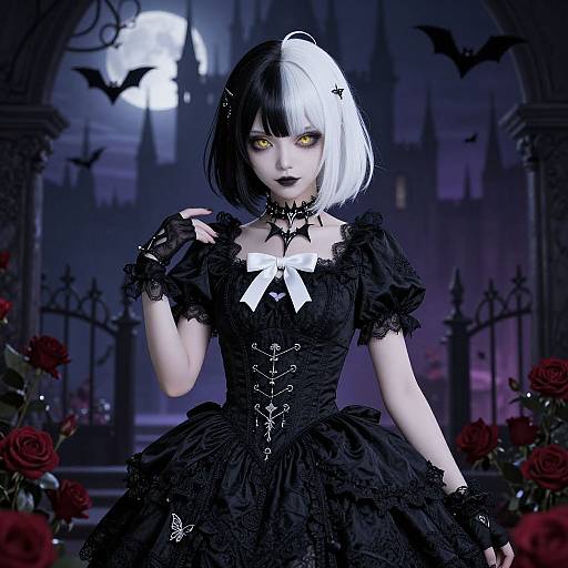 Digital gothic artwork of a pale-skinned, black-and-white bob-haired woman with glowing yellow eyes, wearing a black lace gothic dress, white