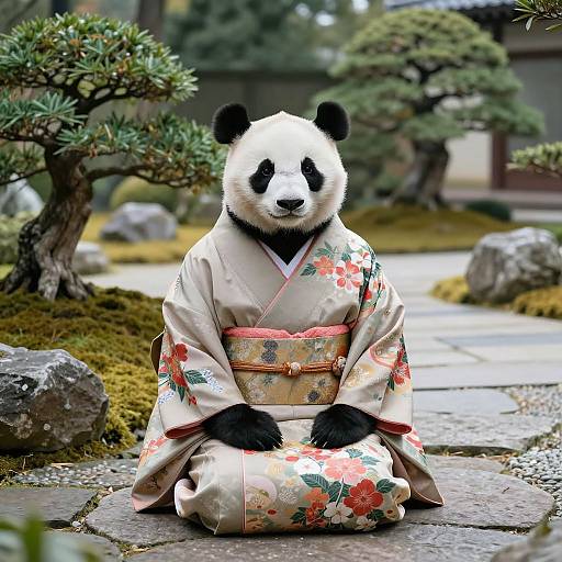 Photograph of a panda wearing a traditional Japanese floral kimono, sitting on a stone path in a serene garden with bonsai trees.