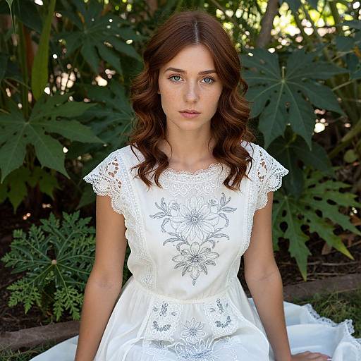 Photograph of a young woman with wavy brown hair, wearing a white lace dress with floral embroidery, standing in a lush garden.