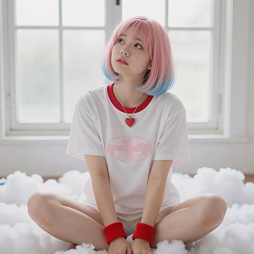 Pastel Bob Hair Woman in Clouds