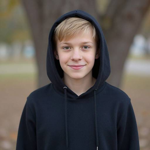 Photograph of a young boy with light blonde hair, fair skin, and blue eyes, wearing a black hoodie with the hood up, smiling gently,