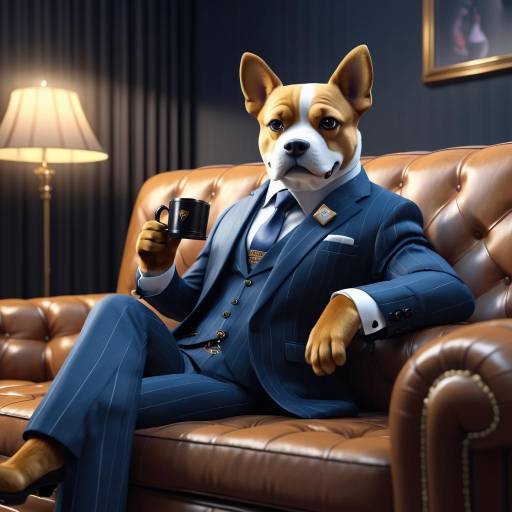 Anthropomorphic Dog in Business Suit on Leather Couch