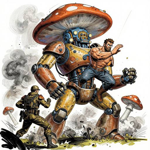 Digital comic-style artwork: muscular shirtless man in blue jeans battles giant mushroom robot, while soldier in camouflage runs away. Smoke, mushroom debris, and