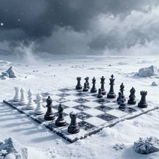 Digital artwork of a snow-covered chessboard with black and white pieces, set on an icy landscape under a dramatic, cloudy sky.