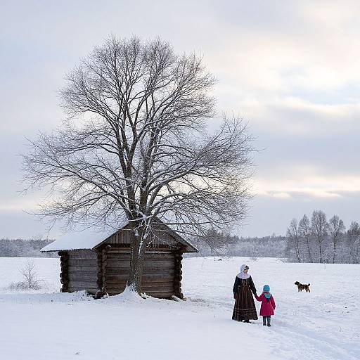 Photograph of two adults and a child in winter clothes, walking away from a snow-covered wooden shed and leafless tree, with a dog in the