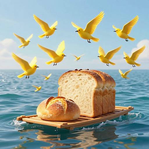 Photograph of a wooden plank with two loaves of bread floating on a blue ocean, surrounded by yellow birds flying overhead against a bright blue sky.