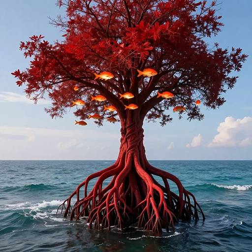 Photograph of a surreal tree with red leaves and orange fish, rooted in ocean water, under a clear blue sky.