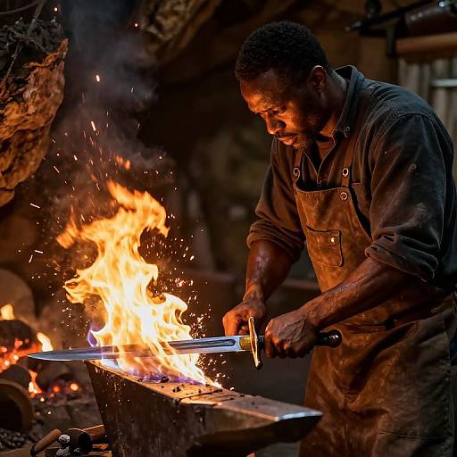 Photograph of a blacksmith with dark skin, muscular build, and short beard, hammering metal over a blazing forge, wearing a dirty apron