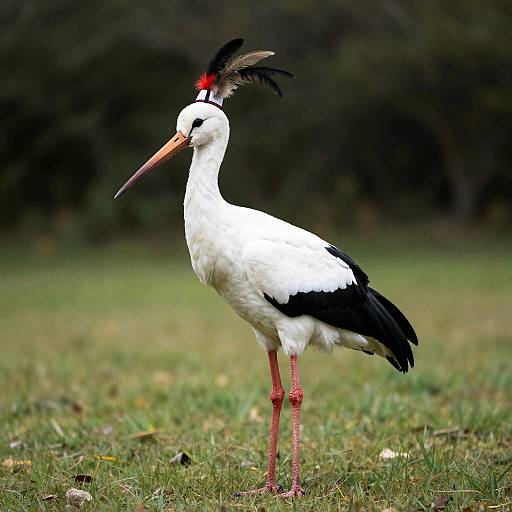 Photograph of a white stork with black wingtips, red forehead, and pink legs standing on green grass, against a blurred dark background.