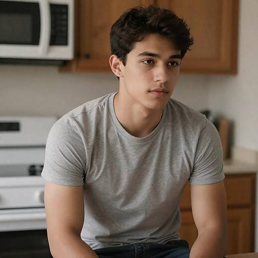Young Man Sitting in Kitchen