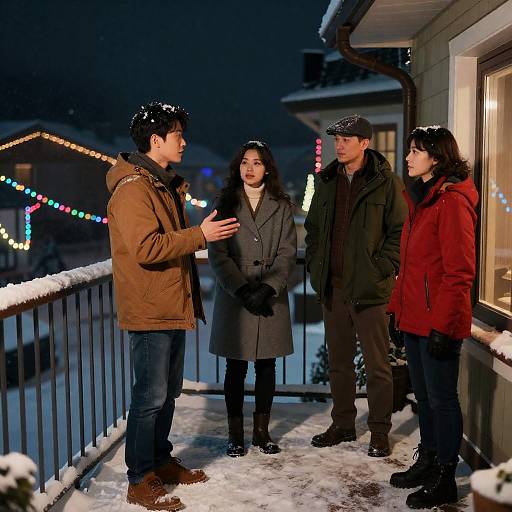 Snowy Night Balcony Gathering with Lights