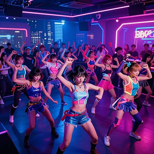 Photograph of a vibrant dance performance in a neon-lit club, featuring a diverse group of young women in colorful, 80s-inspired crop tops