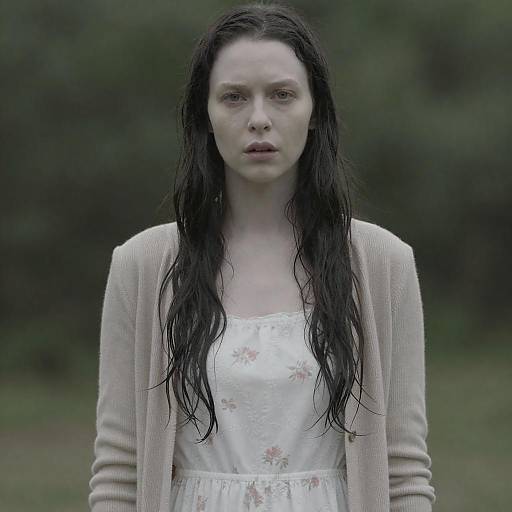 Pale Woman with Wet Hair in Beige Cardigan