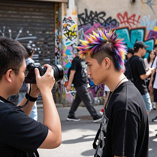 Photograph of a photographer with short black hair taking a shot of a young man with vibrant, multicolored spiky hair, graffiti-filled urban background