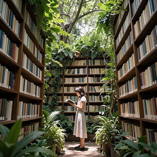 Photograph of a woman in a white dress, standing in a sunlit, lush, tree-canopied library aisle, surrounded by tall booksh