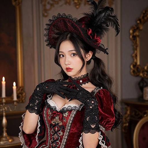Photograph of an Asian woman in Victorian-style red velvet corset with black lace, feathered hat, and red lipstick, candlelit ornate room