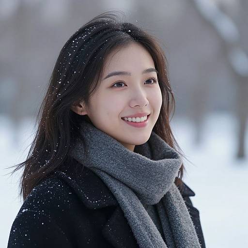 Smiling woman enjoying serene winter outdoors