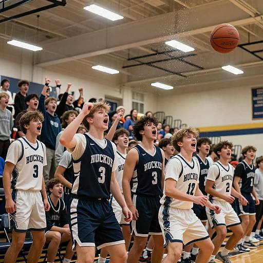 Photograph of high school basketball game: Team in navy and white uniforms, boys with various curly and straight hair, cheering as basketball flies overhead in bright