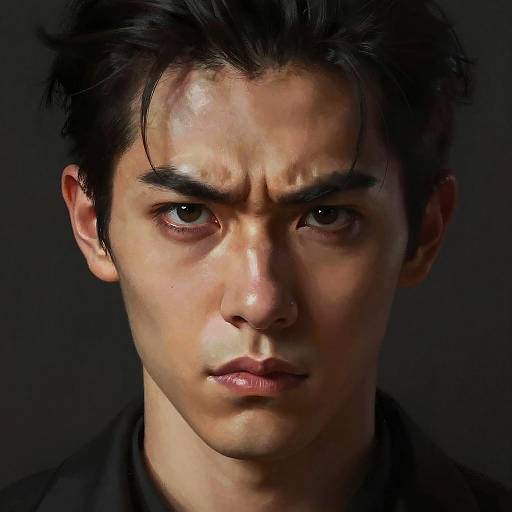 Photorealistic digital portrait of a serious, dark-haired Asian man with furrowed brows and intense eyes, set against a black background.