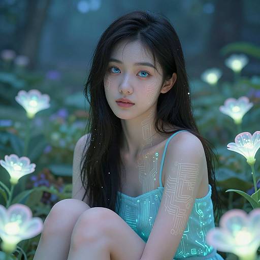 Digital artwork of an ethereal Asian woman with long black hair, blue eyes, and glowing floral patterns, sitting among luminous flowers in a moonlit