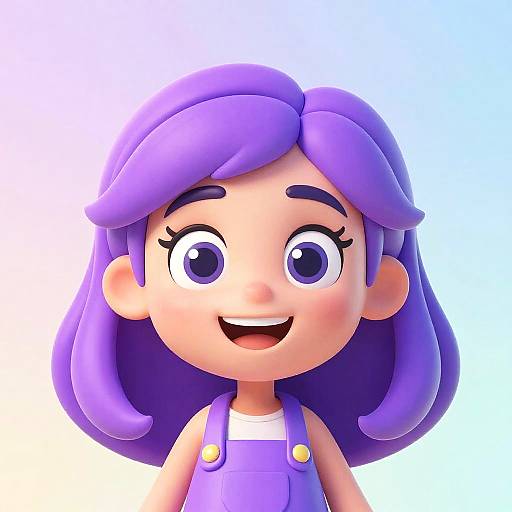 Digital cartoon of a cheerful girl with large purple eyes and matching purple hair, wearing purple overalls, smiling against a gradient blue to white background.