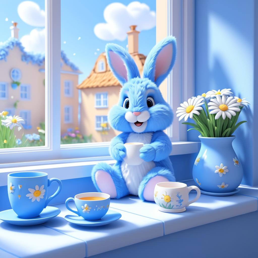 Whimsical Blue Rabbit Enjoying Tea