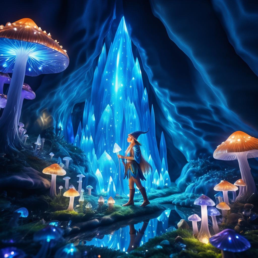 Hyper-Realistic Elf in Vibrant Crystal Cave