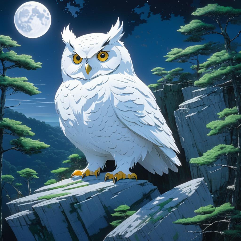 Chubby Owl Under Full Moon Cliff