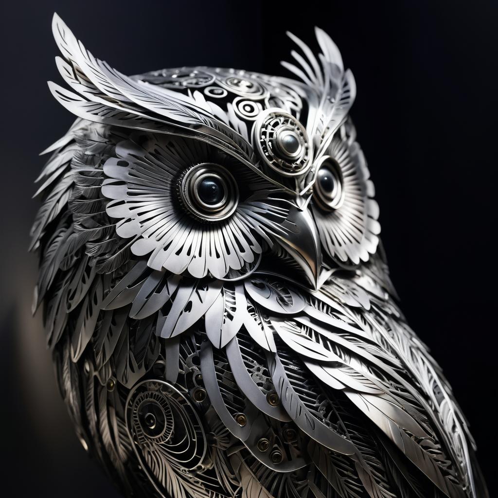 Intricate Silver Mechanical Owl Portrait