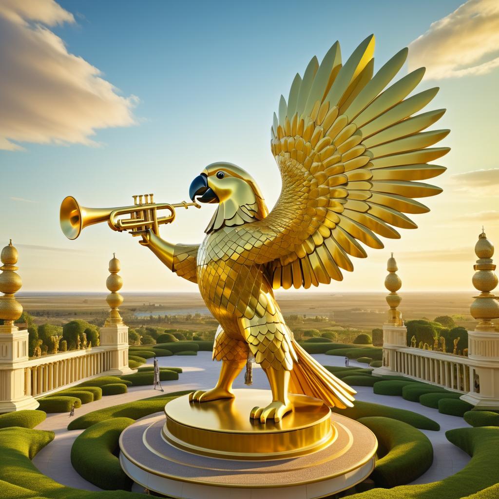 Majestic Golden Parrot Statue in Surreal Style