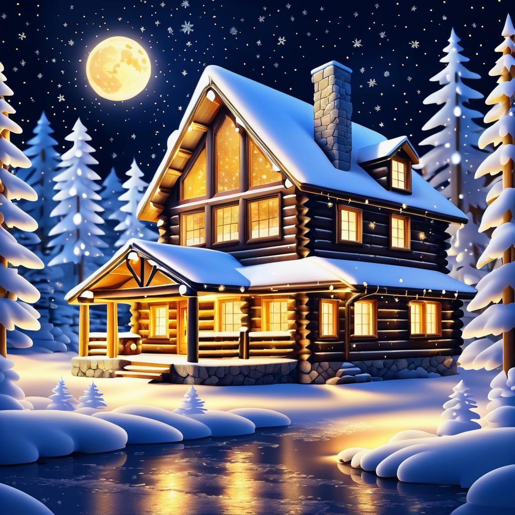 Whimsical Winter Cabin Under Moonlight