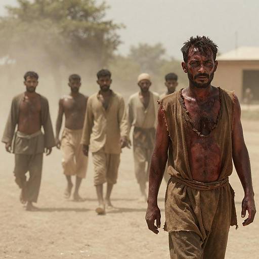 Group of Worn Men in Dusty Sunlit Clearing