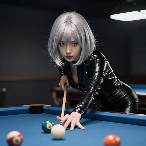 Young Woman Playing Pool in Black Latex Jumpsuit