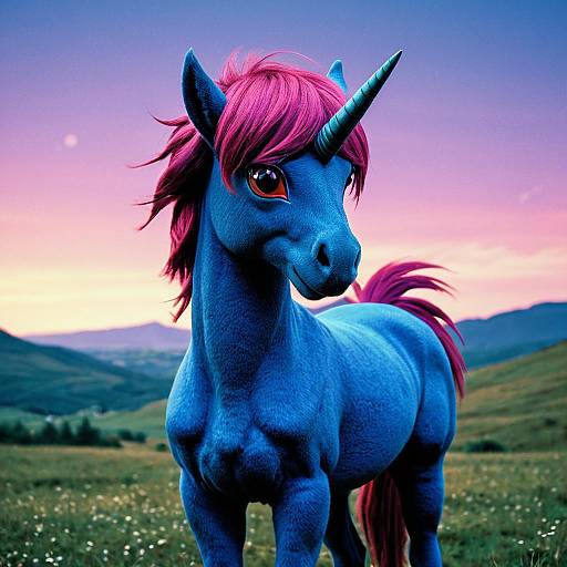 Blue Unicorn with Pink Mane at Sunset