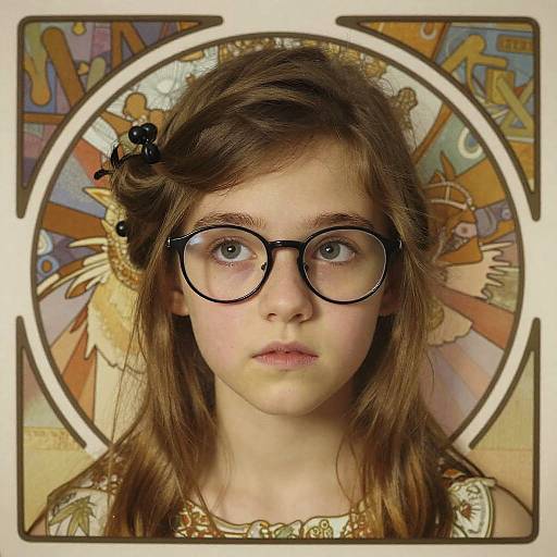 Photograph of a young girl with large black glasses, light brown hair, and a floral headband, set against a colorful, abstract, circular background