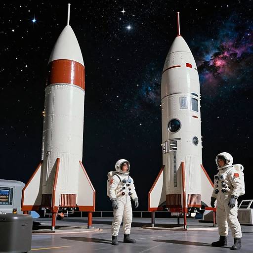 Photograph-style CGI: Two astronauts in white space suits standing on a launchpad with two rocket launchers, one white with red accents, against a