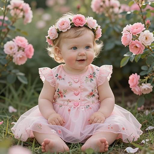 Baby Girl in Pink Floral Dress with Flower Crown