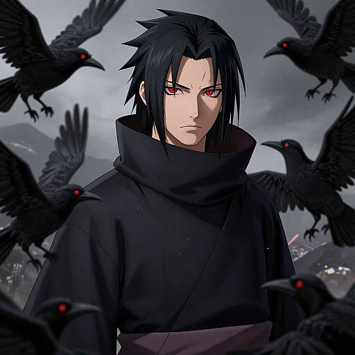 Digital anime-style drawing of a serious, black-haired man with red eyes, wearing a black cloak, surrounded by black crows with red eyes. Dark