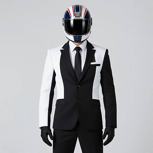 Photograph of a mannequin in a black and white suit, black tie, black gloves, and a reflective, patterned helmet, standing against
