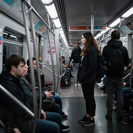 Photograph of a dimly lit subway car with seated and standing passengers, wearing dark winter clothes, under bright overhead lights.