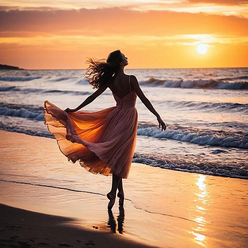 Ballerina Dancing on Beach at Sunset