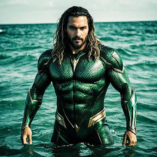 Photograph of a muscular, bearded man with long, wet hair, wearing a green, scale-patterned superhero suit, standing in ocean water.