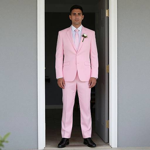 Photograph of a man with short dark hair, medium build, in a pale pink suit, white shirt, black shoes, standing in a doorway.
