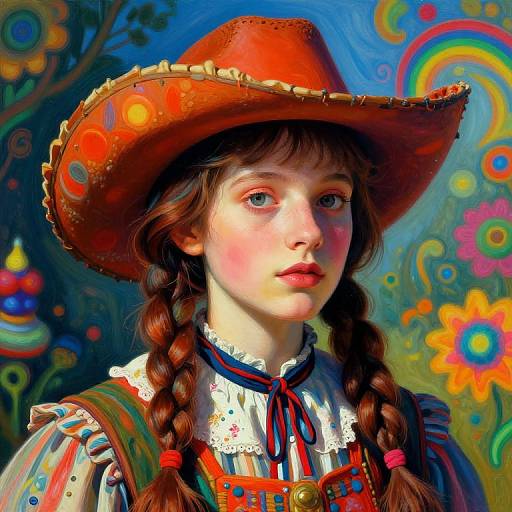 Digital painting of a young girl with fair skin and brown braids, wearing a red cowboy hat, colorful dress, and floral background.