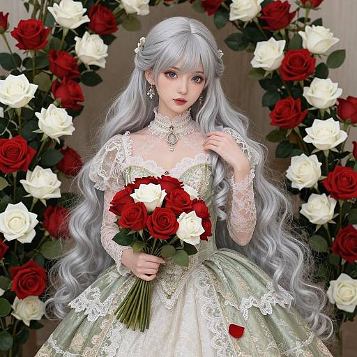 Digital painting of a pale-skinned, silver-haired woman in an ornate white lace gown, holding a bouquet of red and white roses, surrounded by