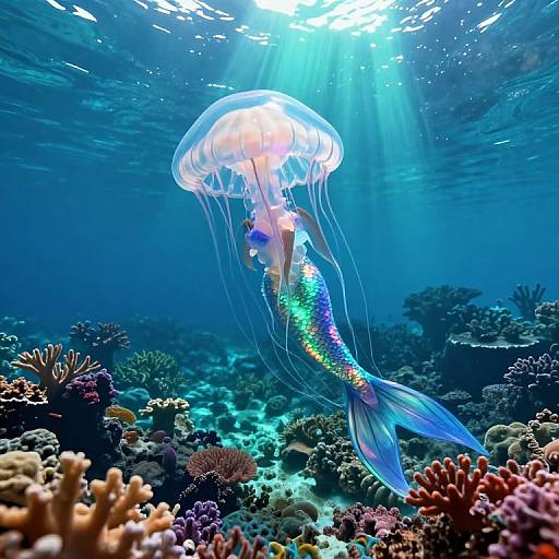 Photograph of a vibrant, translucent jellyfish with a rainbow-tinted tail swimming above a colorful coral reef underwater, bathed in sunlight from above