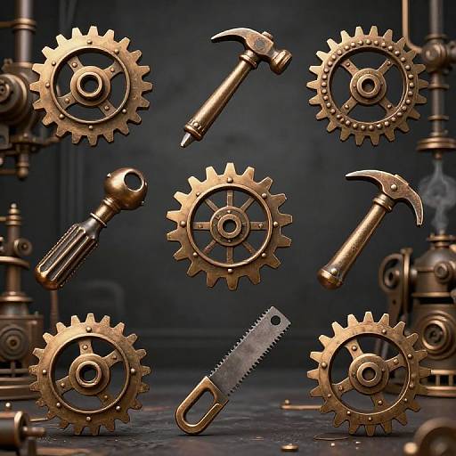 Photograph of floating, gold-colored, steampunk-style gears and tools including hammers, a wrench, and a saw blade against a dark,