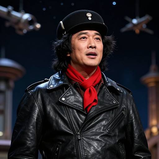 Photograph of an East Asian man with black hair, wearing a black leather jacket, red scarf, and black cap, standing on a stage with blurred