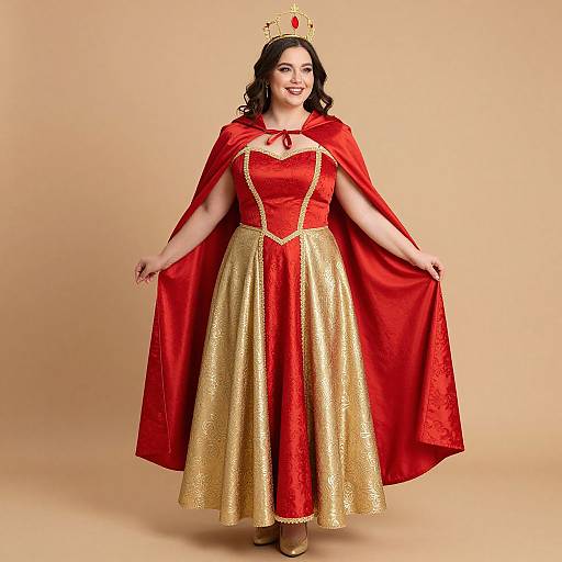 Photograph of a smiling, fair-skinned woman with dark hair, wearing a red and gold royal gown, red cape, gold crown, and gold