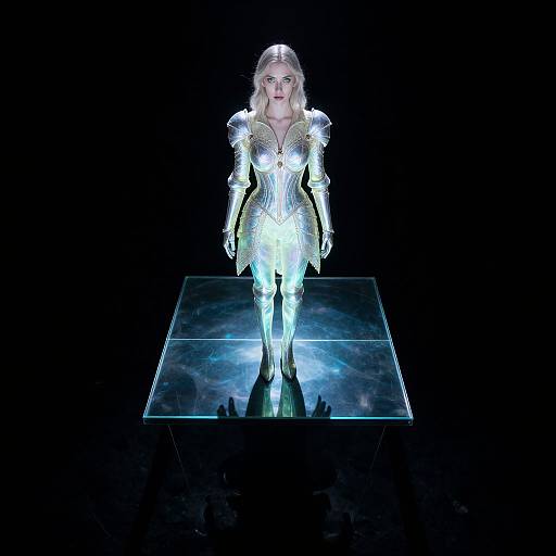 Photorealistic CGI of a blonde woman in shimmering, silver, armored dress, standing on a glowing black platform against a black background.